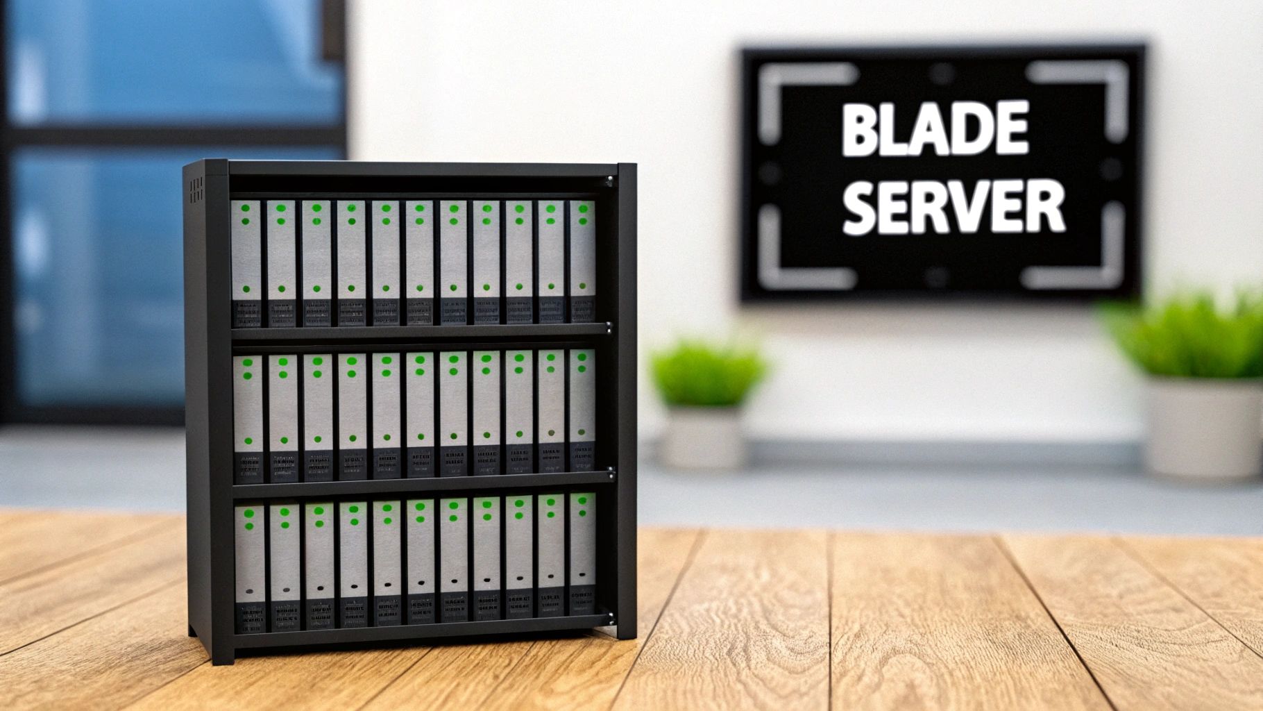 A black blade server chassis with multiple server blades on a wooden desk, in an office setting.