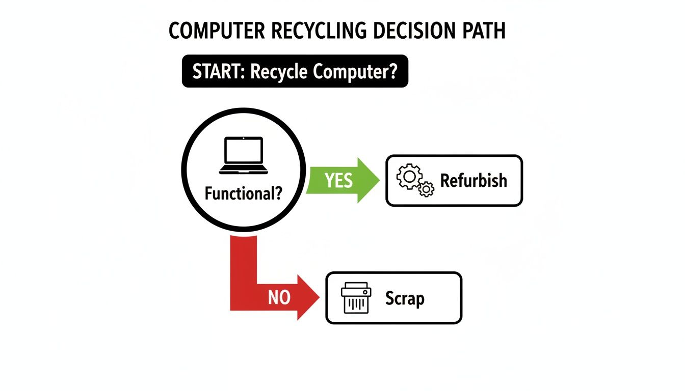 Computer recycling decision flowchart illustrating options for recycling old computers, highlighting functional status with paths for refurbishment or scrapping, relevant to Reworx Recycling's guide on responsible e-waste disposal.
