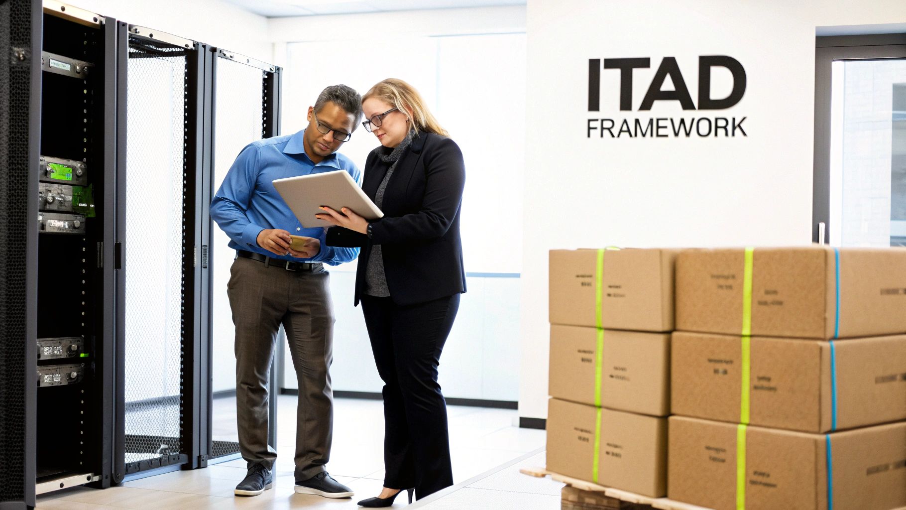 Two IT professionals review data on a tablet next to server racks and boxes in a tech facility.