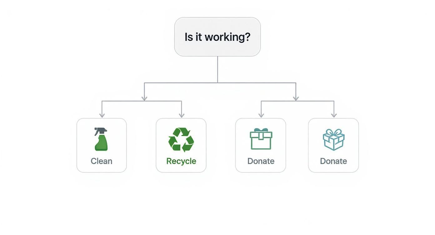 A decision-making flowchart with the question 'Is it working?' leading to Clean, Recycle, or Donate options.