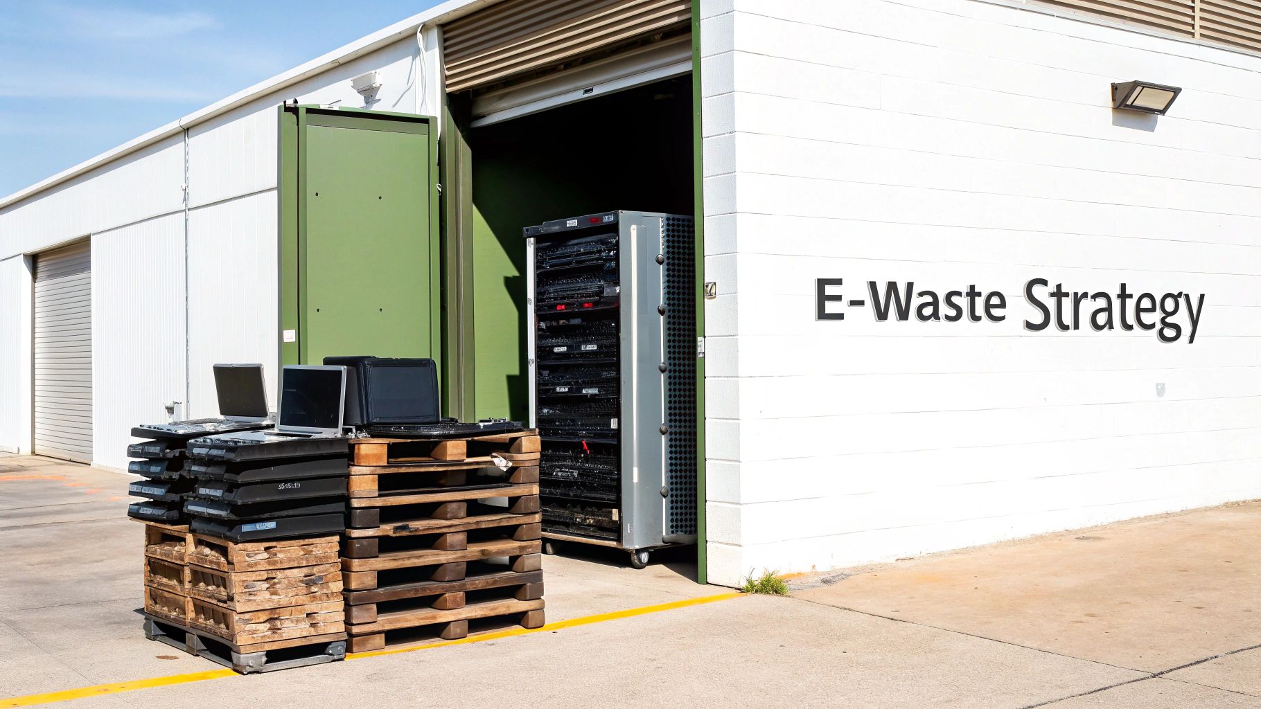 Stacks of old laptops and server racks outside a building labeled 'E-Waste Strategy'.