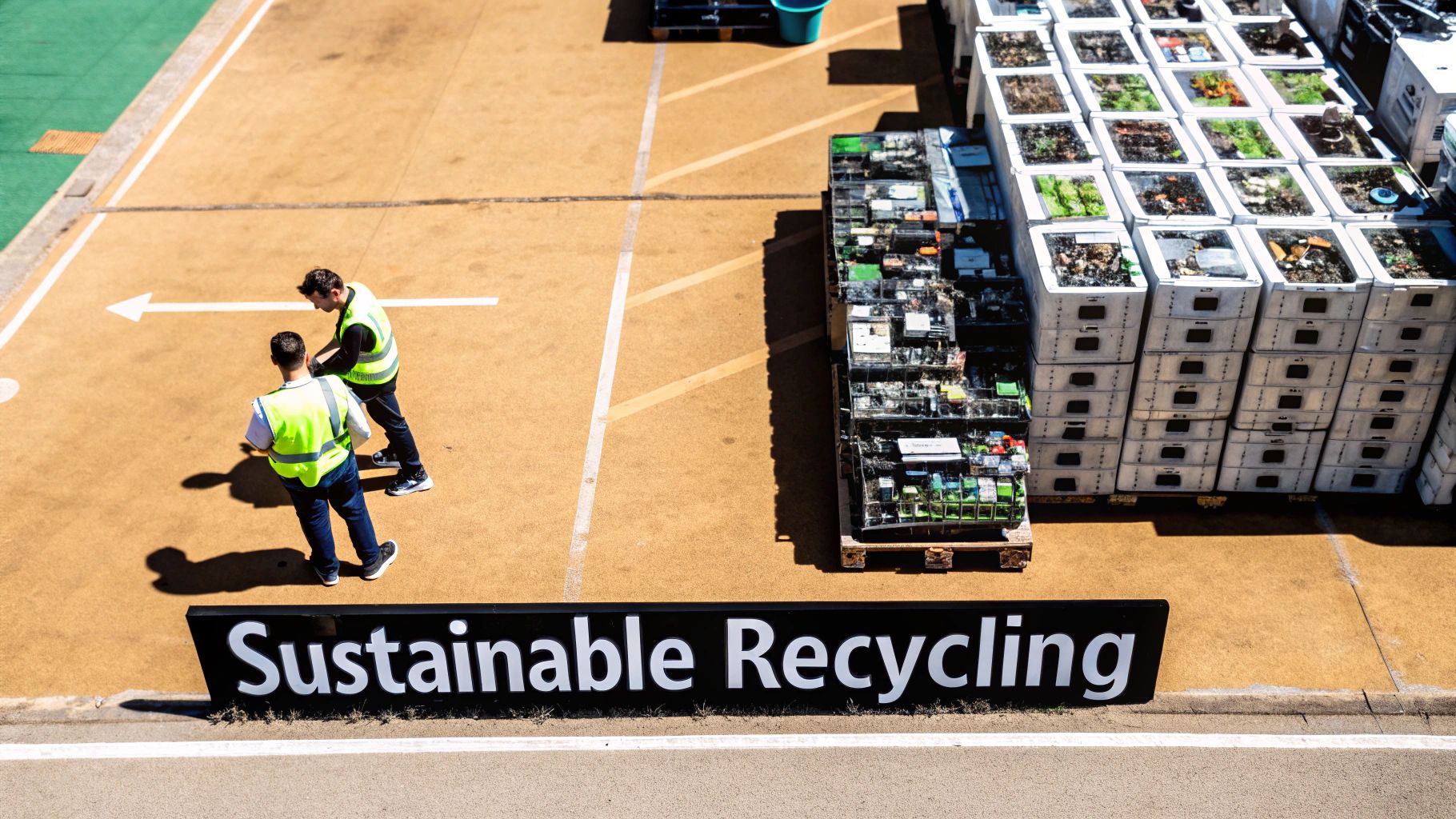 Workers at a sustainable recycling facility, with containers of e-waste and a 'Sustainable Recycling' sign.