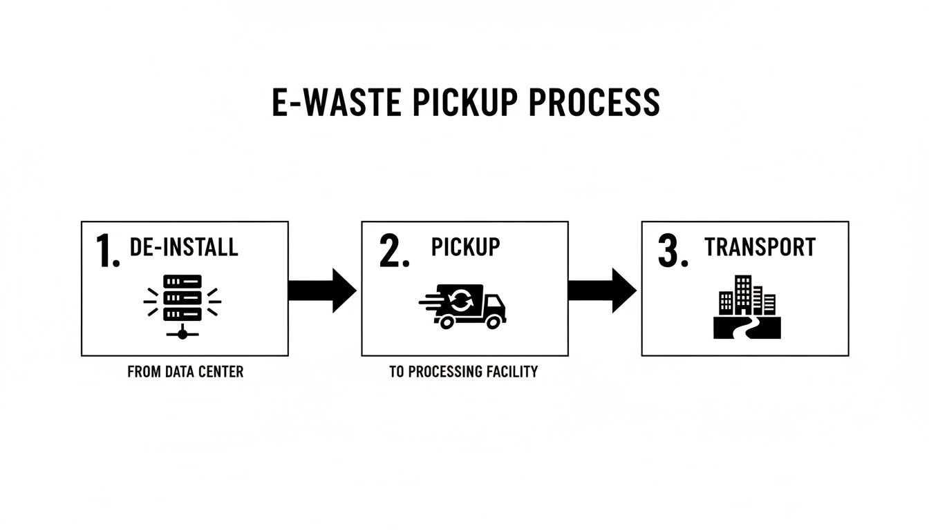 Diagram showing the E-waste pickup process: de-install from data center, pickup by truck, and transport.