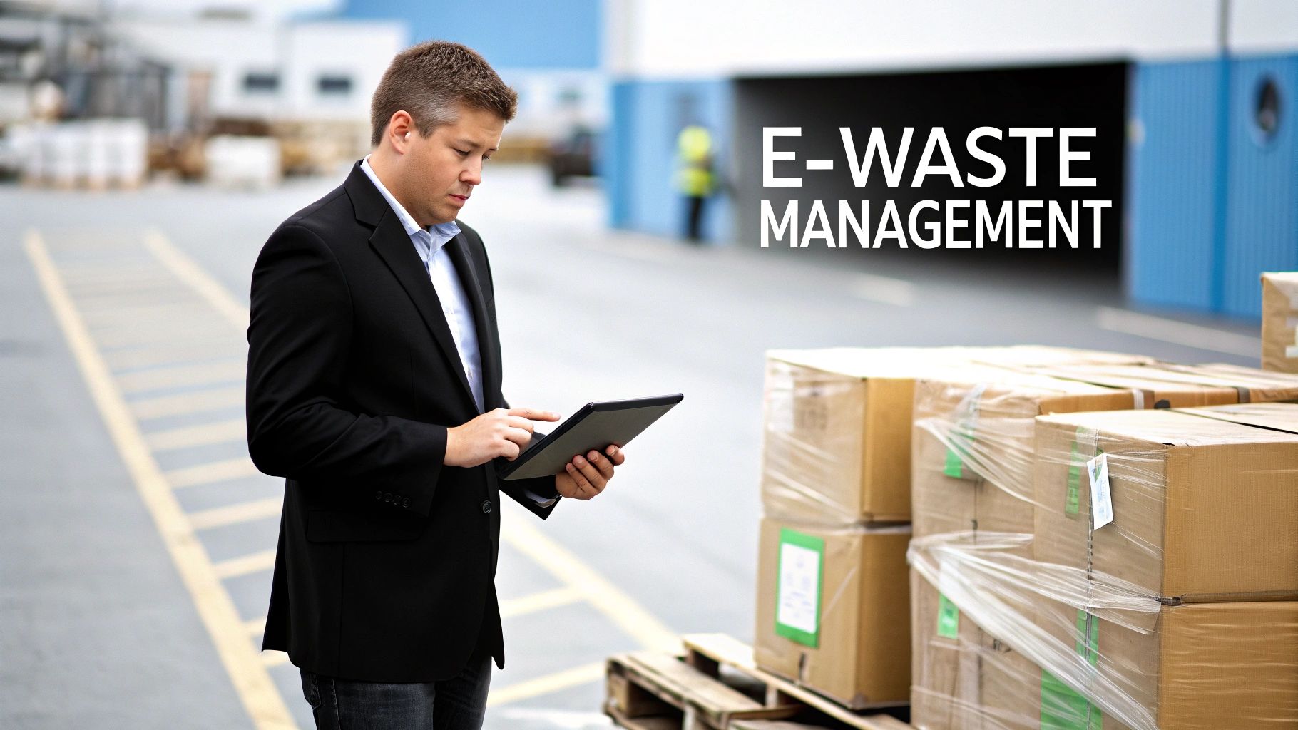 Secure Georgia Electronics Recycling for Businesses Business professional using tablet for e-waste management in logistics facility with stacked cardboard boxes.