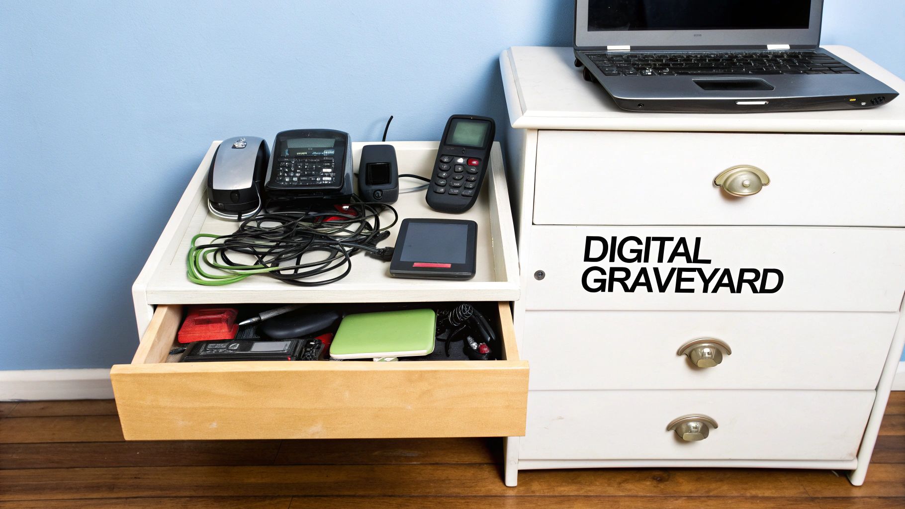An organized pile of various old electronic devices ready for recycling.