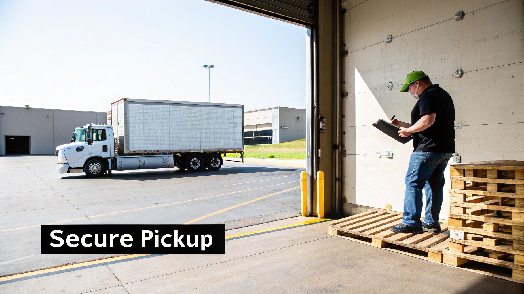 A masked worker signs a clipboard at a loading dock with a white semi-truck for secure pickup.