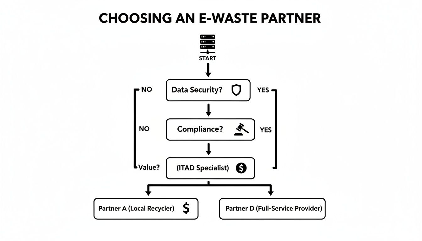 Flowchart guiding the selection of an e-waste partner based on data security, compliance, and value.