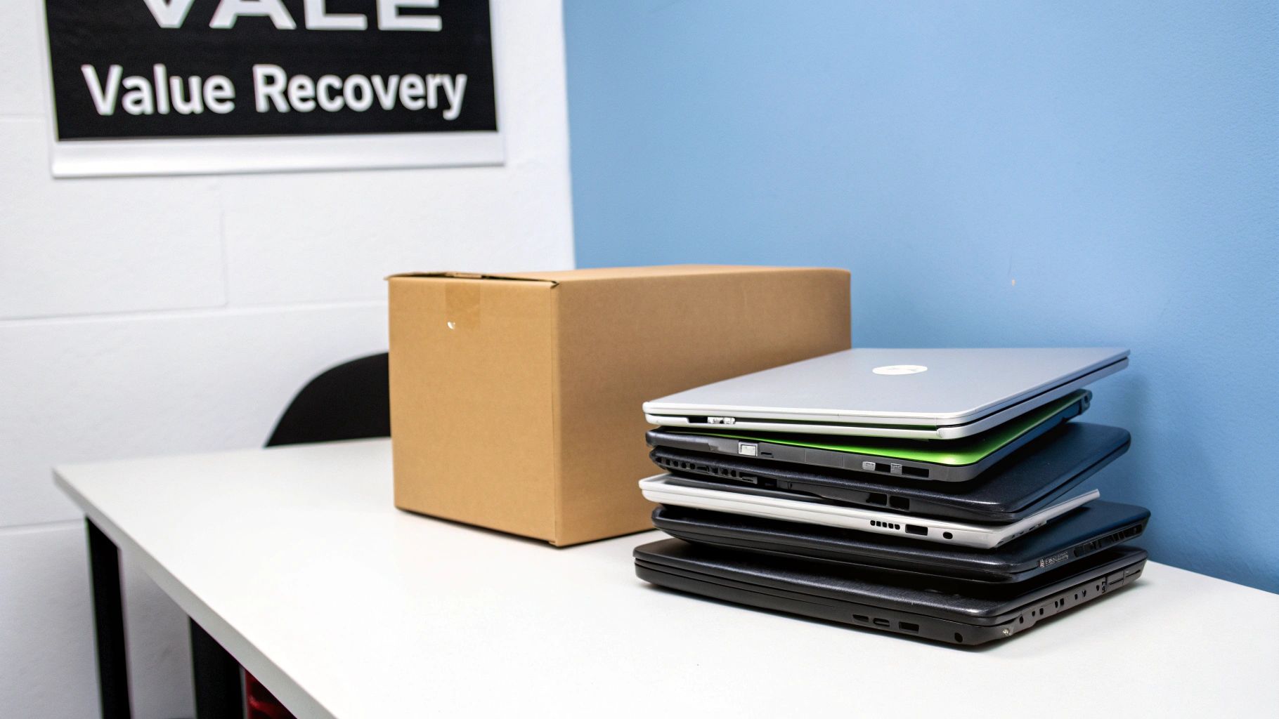 A stack of neatly organized laptops ready for disposal, representing retired IT assets.