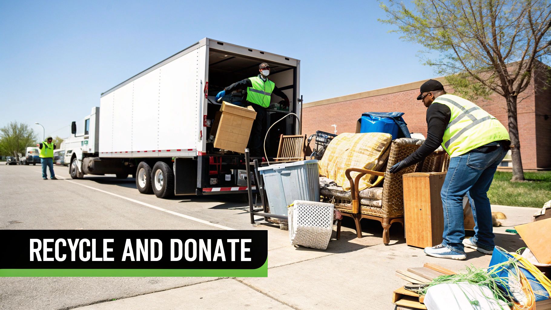 Men in safety vests loading furniture and various household items into a large truck for donation.