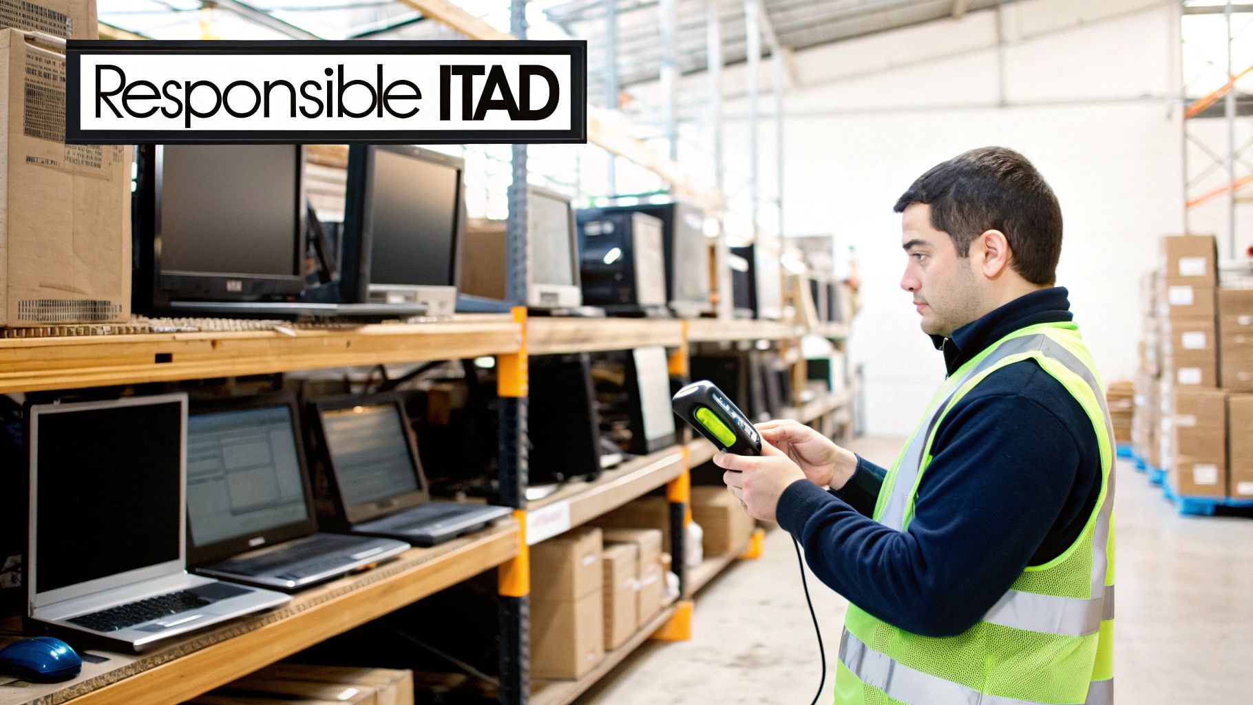 A worker in a high-visibility vest scans IT equipment on shelves in a warehouse for responsible ITAD.