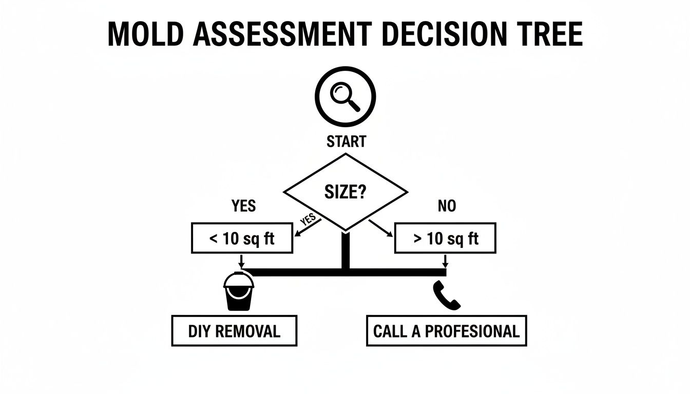 A mold assessment decision tree flowchart guiding users on mold removal based on the mold's size.
