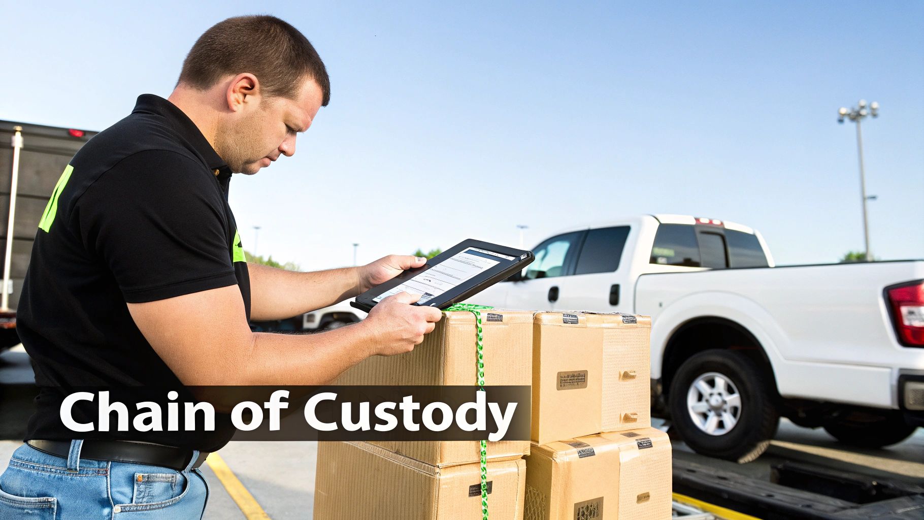 A man uses a tablet to process cardboard boxes, ensuring chain of custody for assets.