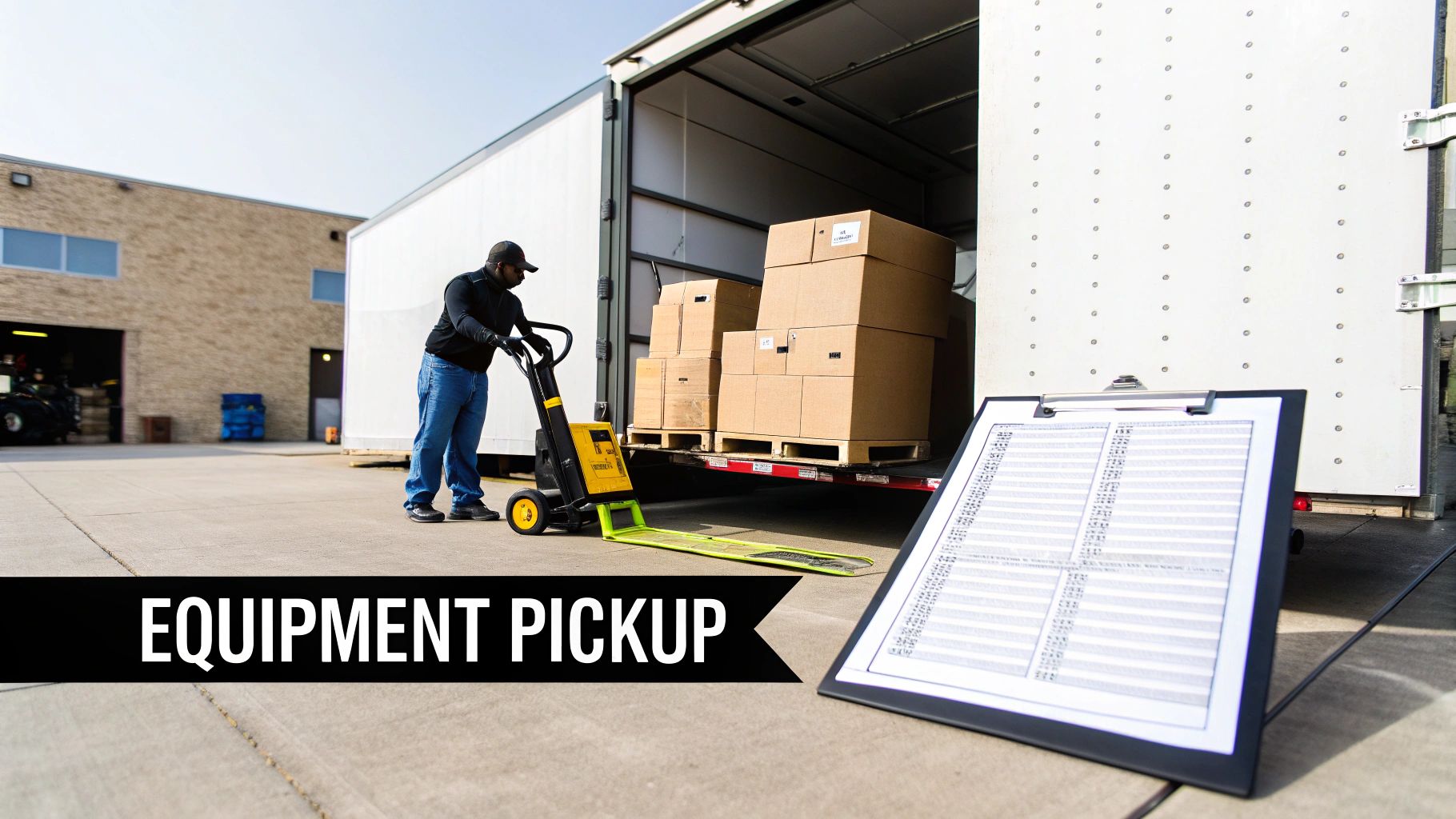 A man uses a yellow pallet jack to load cardboard boxes onto a truck at a warehouse.
