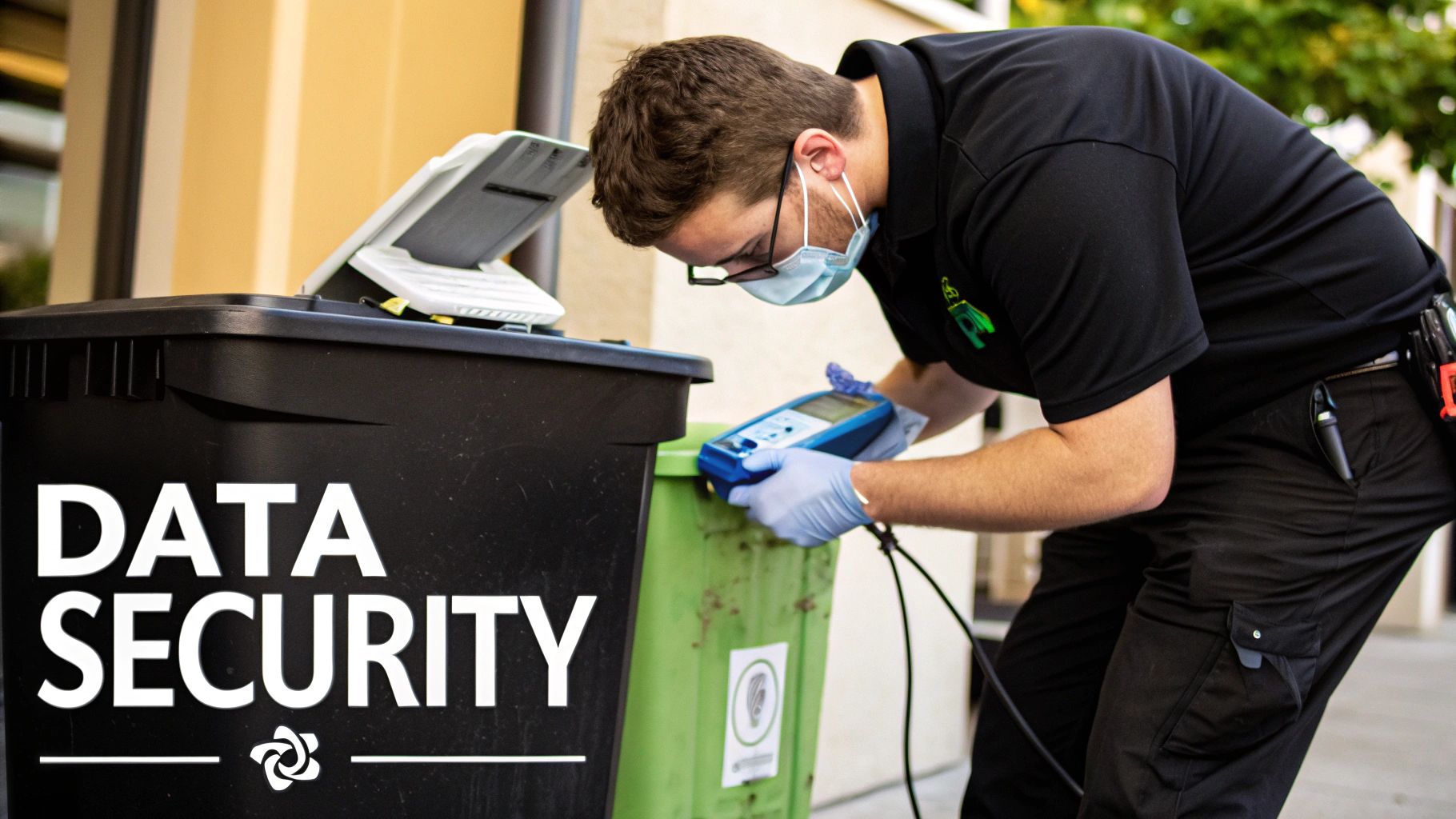 A man in a mask and gloves scans an electronic device into a green recycling bin, with a 'DATA SECURITY' bin nearby.