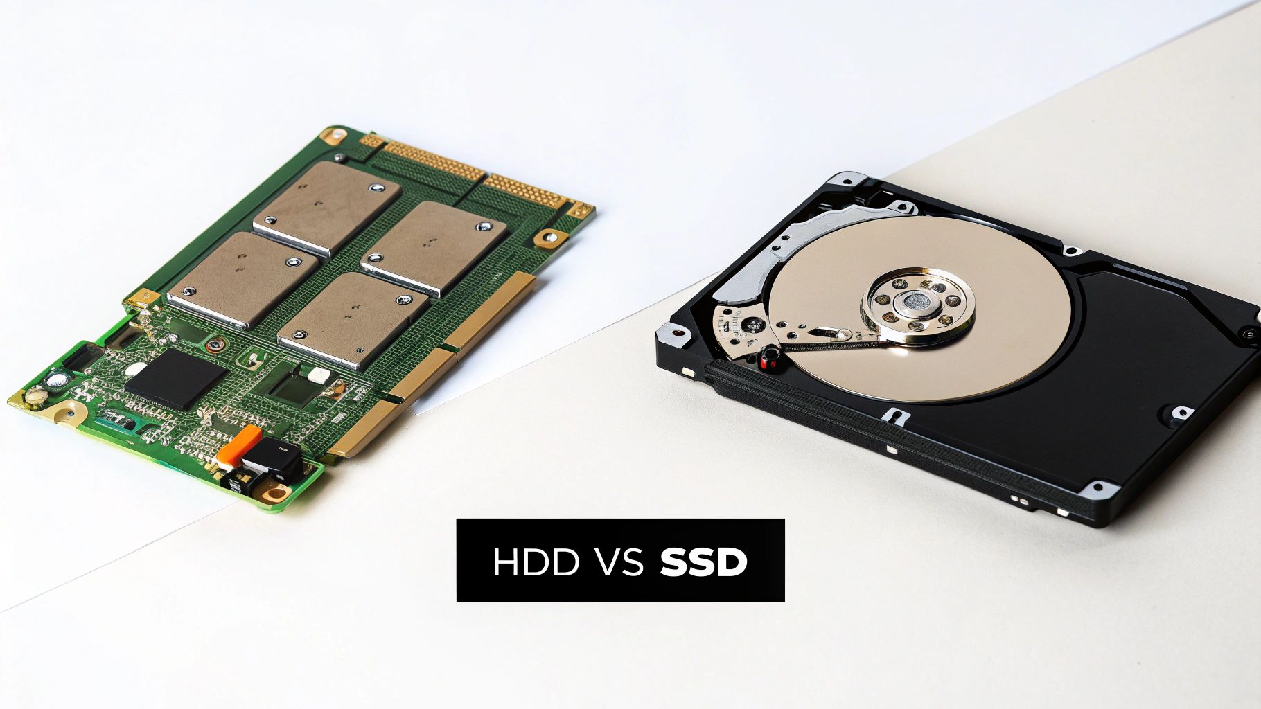 Close-up comparison of a green solid-state drive (SSD) and an opened hard disk drive (HDD).