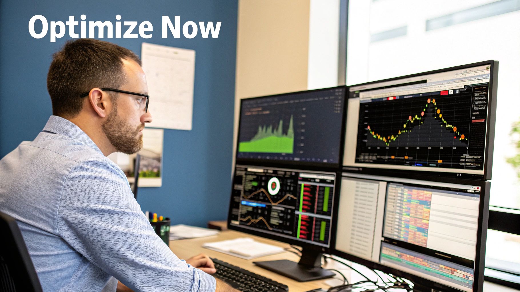 People analyzing performance dashboards and charts on large screens in a modern control room.