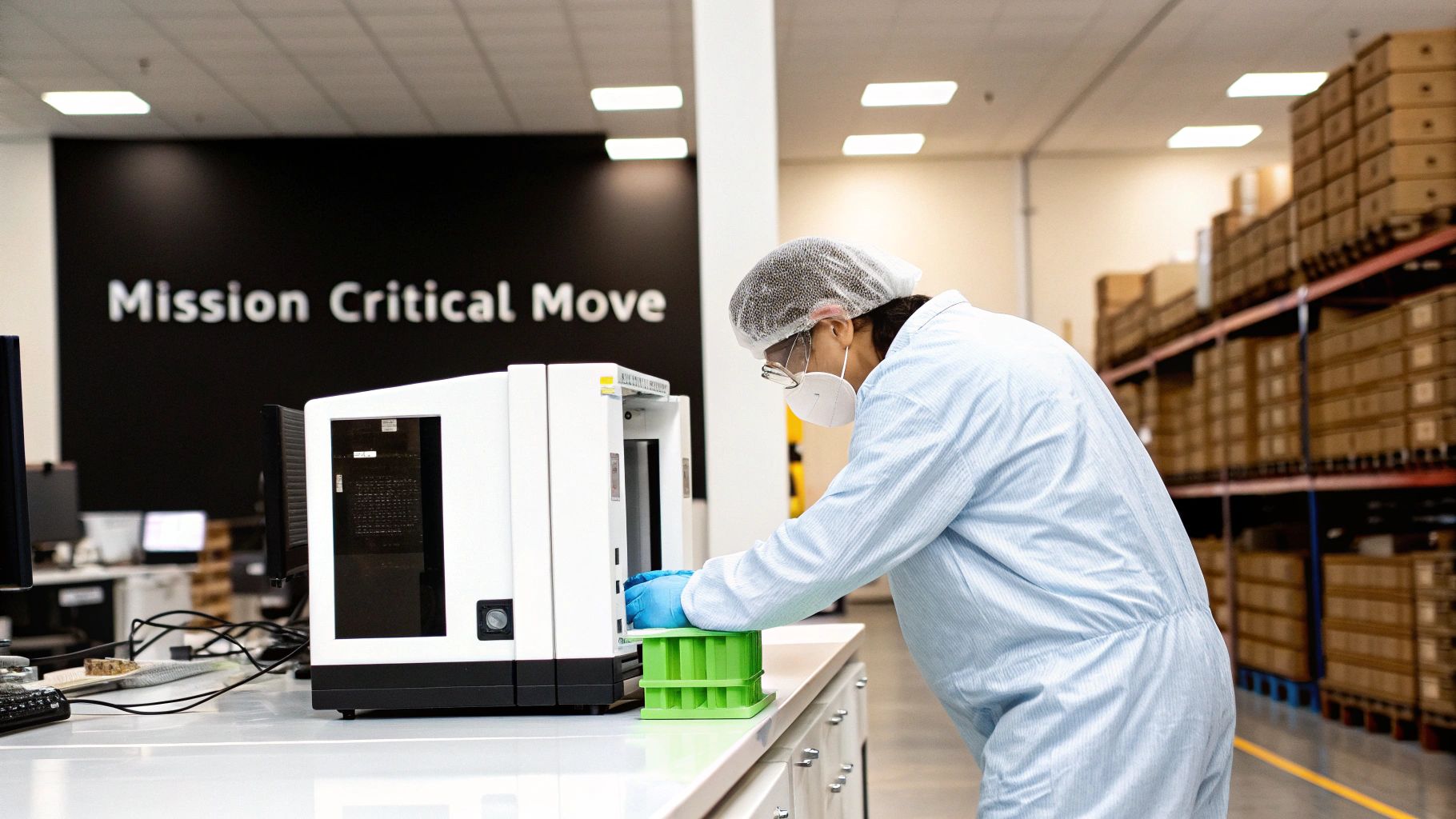 Lab technician in protective gear operating a scientific instrument during a mission-critical move.