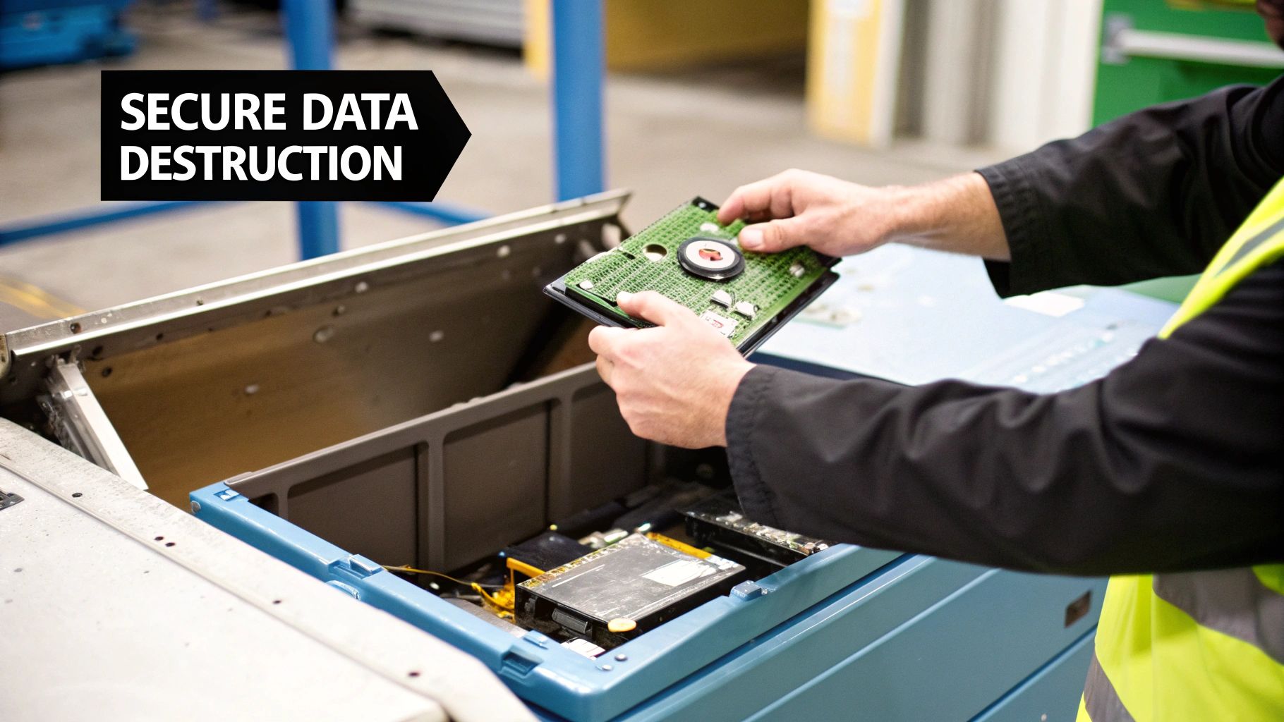 Hands holding a circuit board over a bin of hard drives, for secure data destruction.