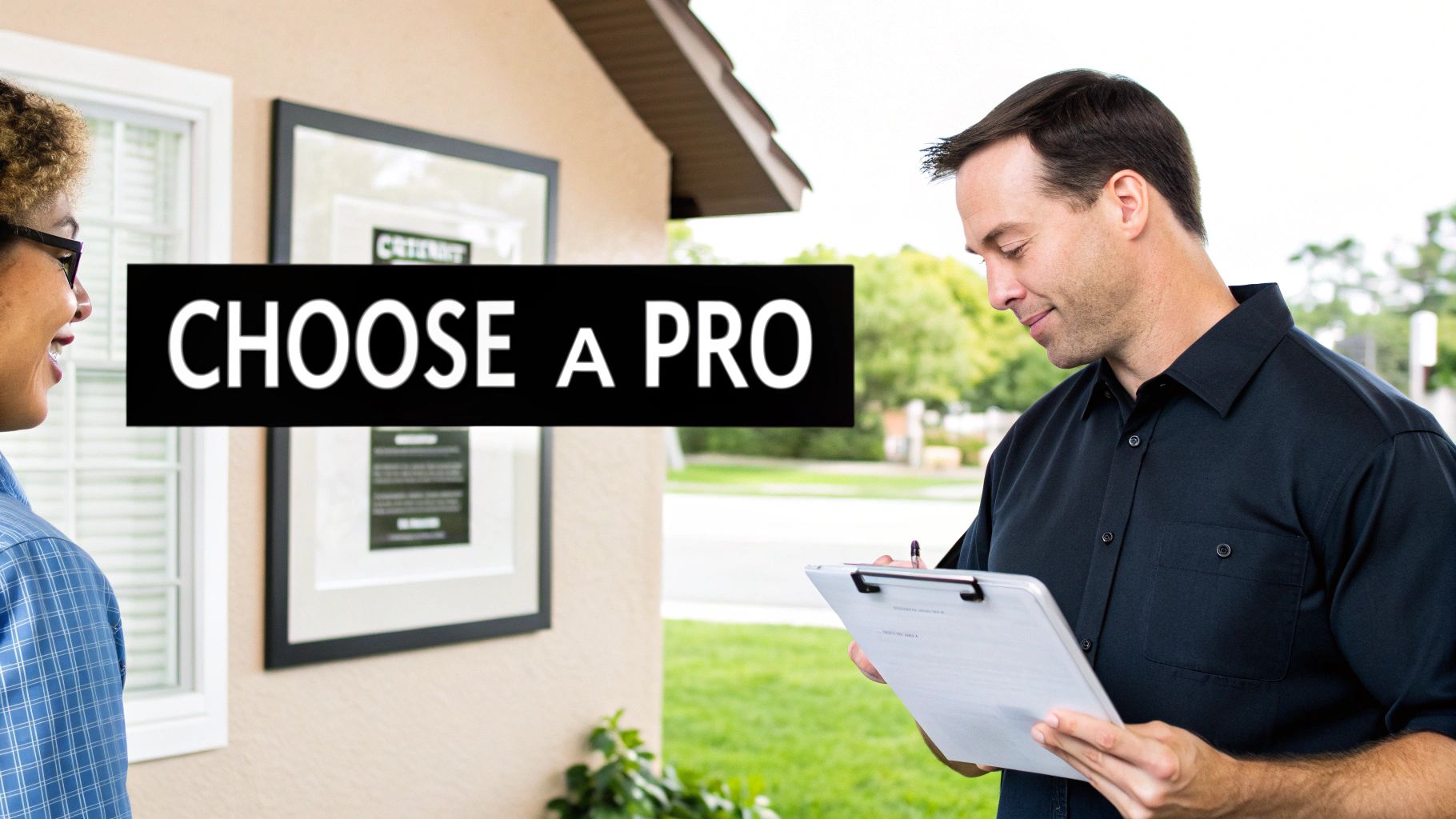 A professional man writing on a clipboard, talking to a smiling woman, with "CHOOSE A PRO" text.