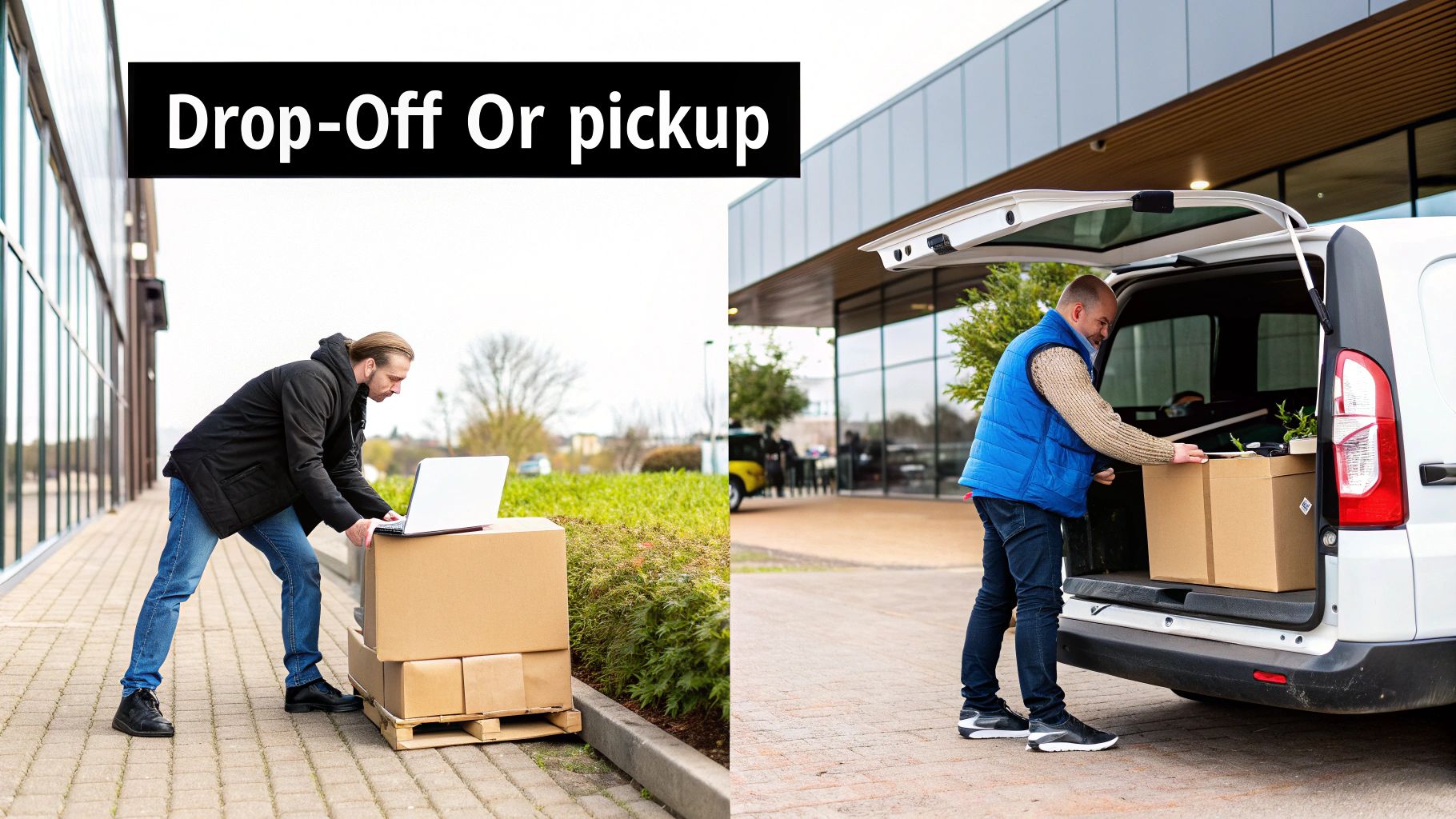 Two men handling packages: one preparing for drop-off, the other loading a van for pickup.