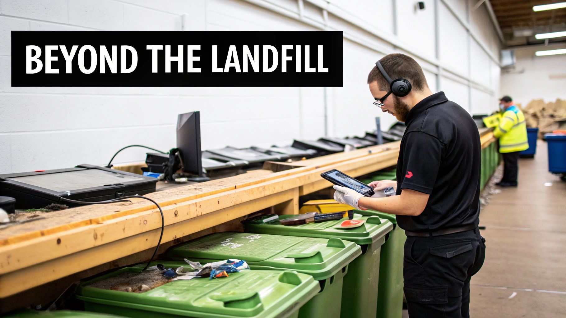 A man in a facility uses a tablet while sorting materials into green bins, with a 'BEYOND THE LANDFILL' banner.