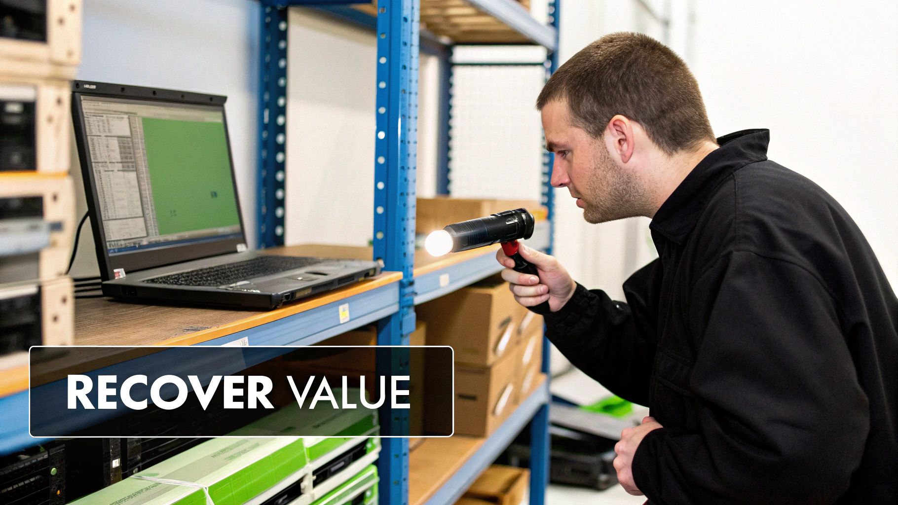 Man uses a flashlight to inspect shelves in a data center, with a laptop nearby and the text 'Recover Value'.