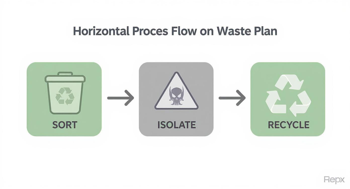Horizontal process flow diagram showing three waste management steps: sort, isolate hazardous materials, and recycle