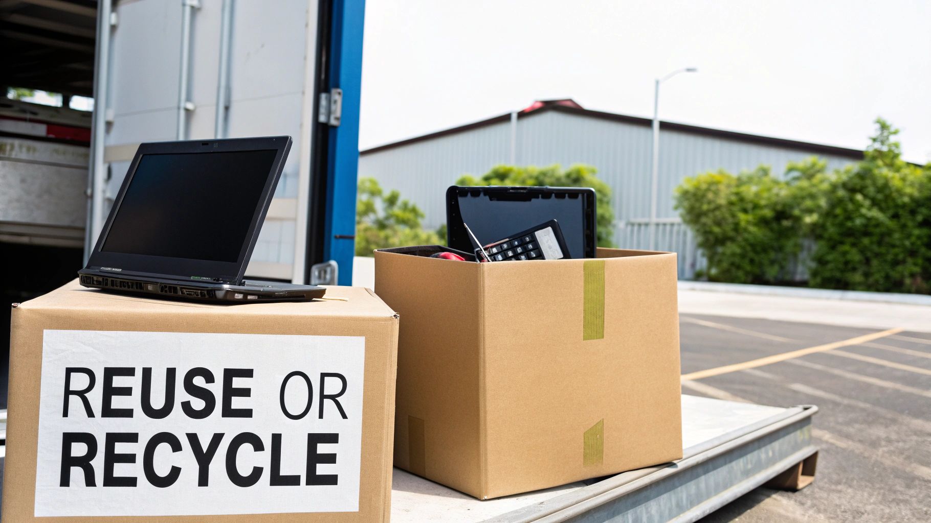 Cardboard boxes filled with old electronics and a laptop for reuse or recycling.