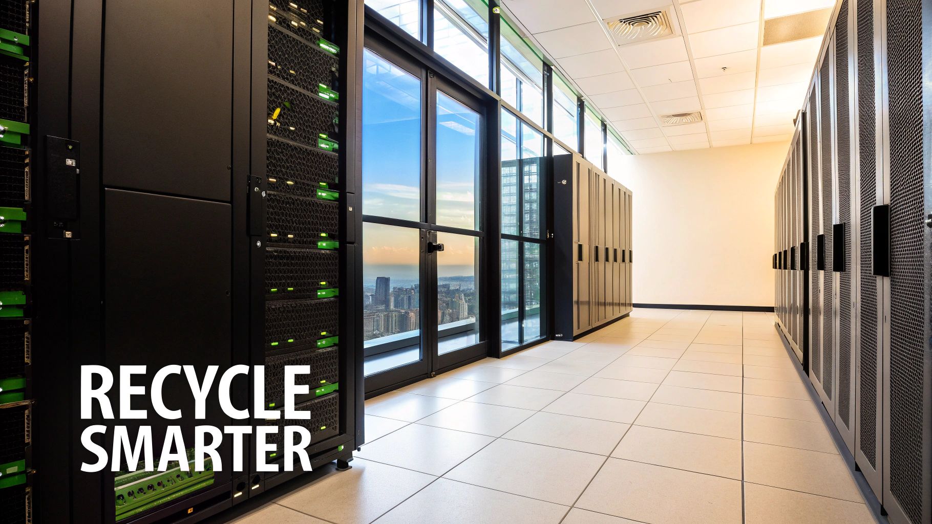 A modern data center with server racks, city skyline view, and 'RECYCLE SMARTER' text overlay.