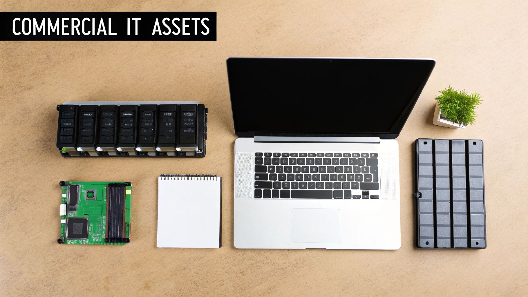 Flat lay of commercial IT assets including a laptop, circuit board, storage drives, and a notebook.