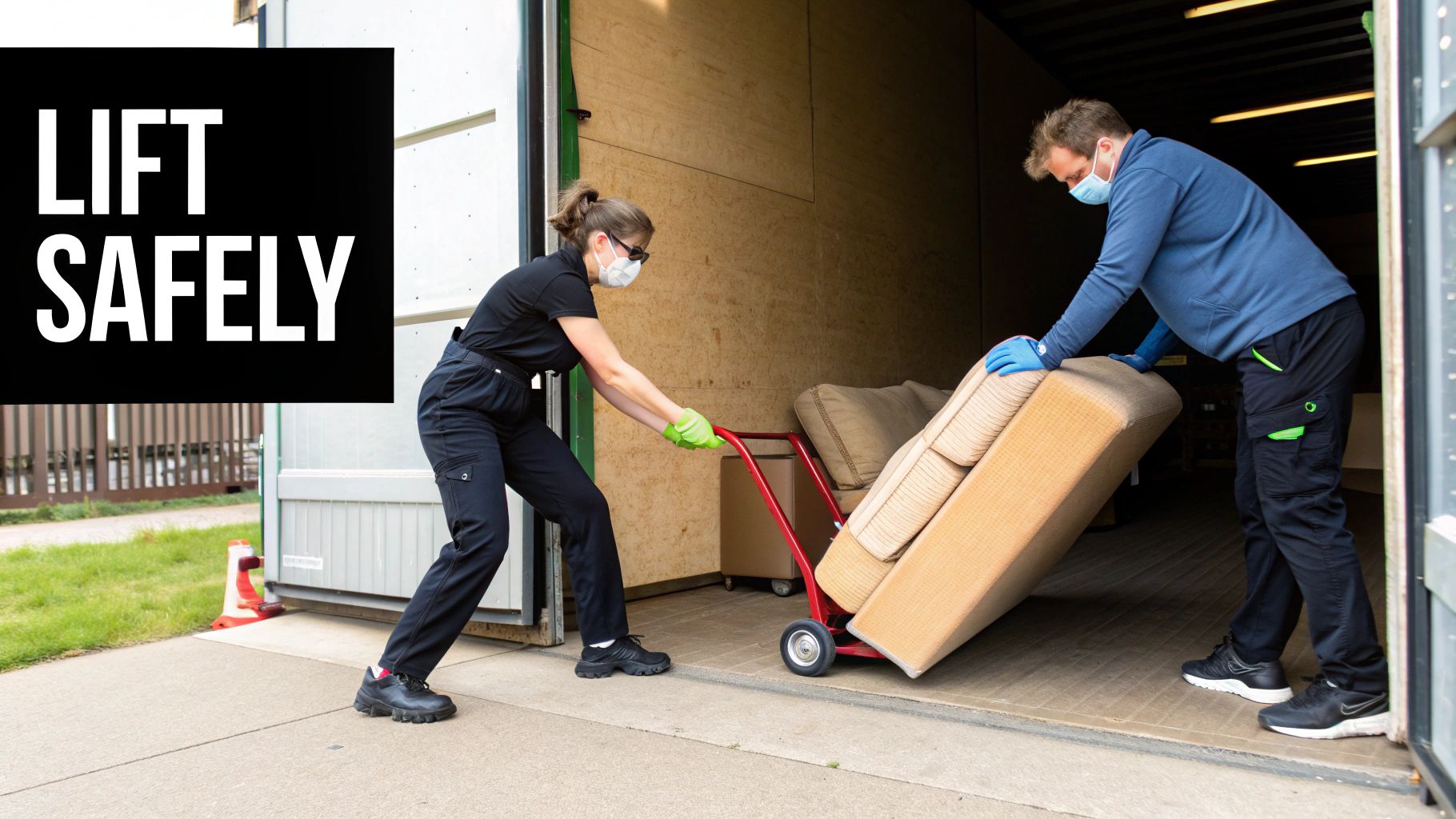 Two movers wearing masks and gloves safely transporting furniture on dolly from storage unit