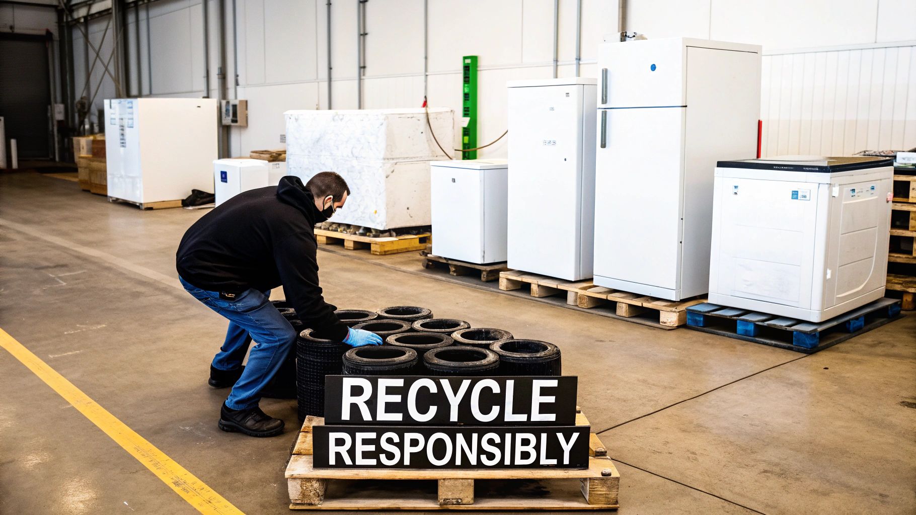 Man organizing tires next to a "Recycle Responsibly" sign and discarded appliances in a facility.
