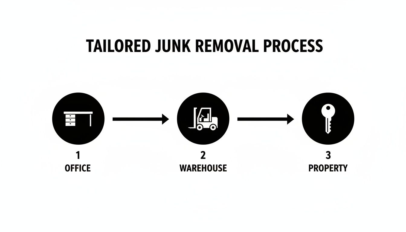 A clear flowchart illustrating a tailored junk removal process from office, to warehouse, to property.