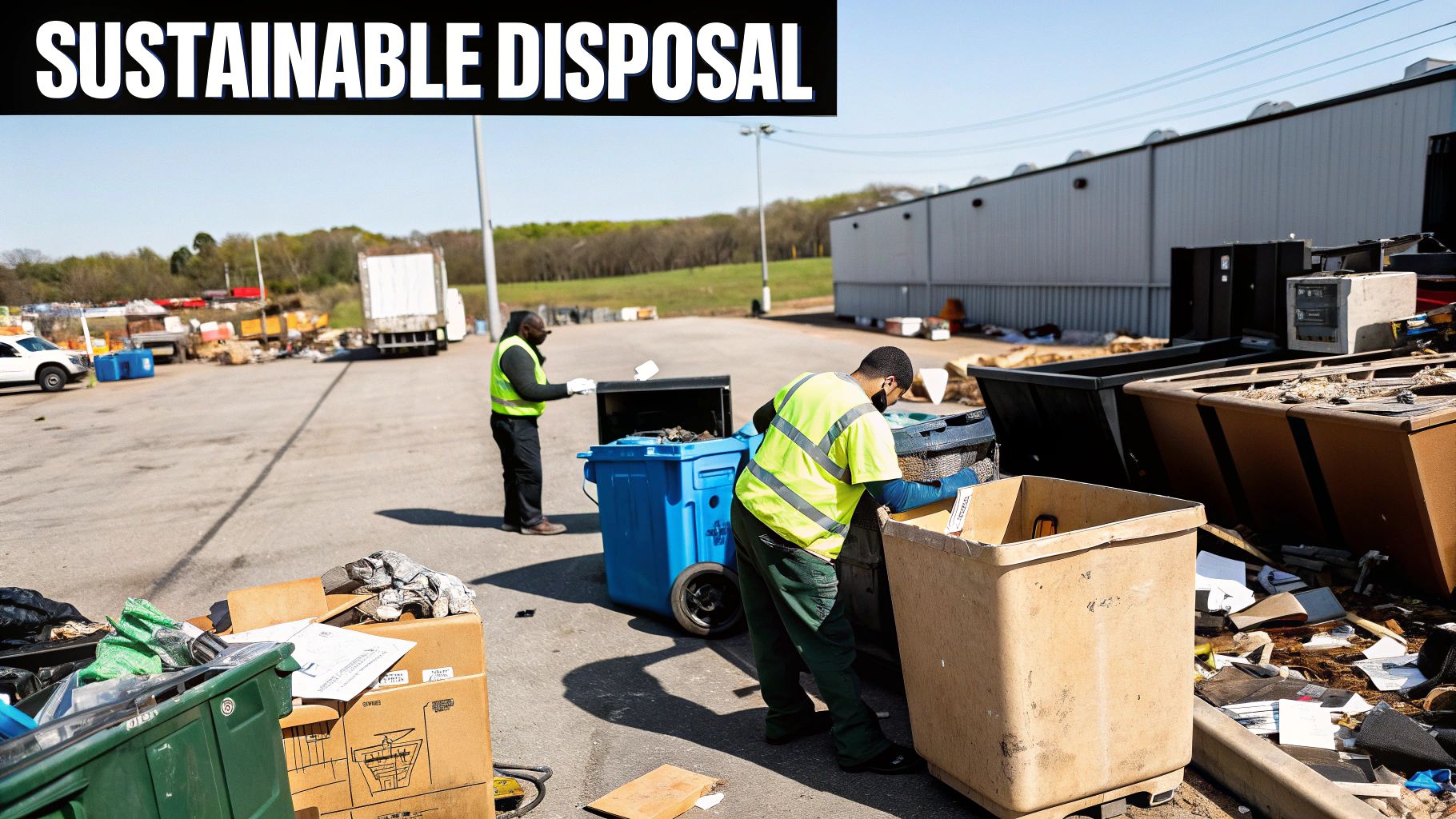Two workers in high-visibility vests sort waste and recyclables into large bins at a disposal facility.