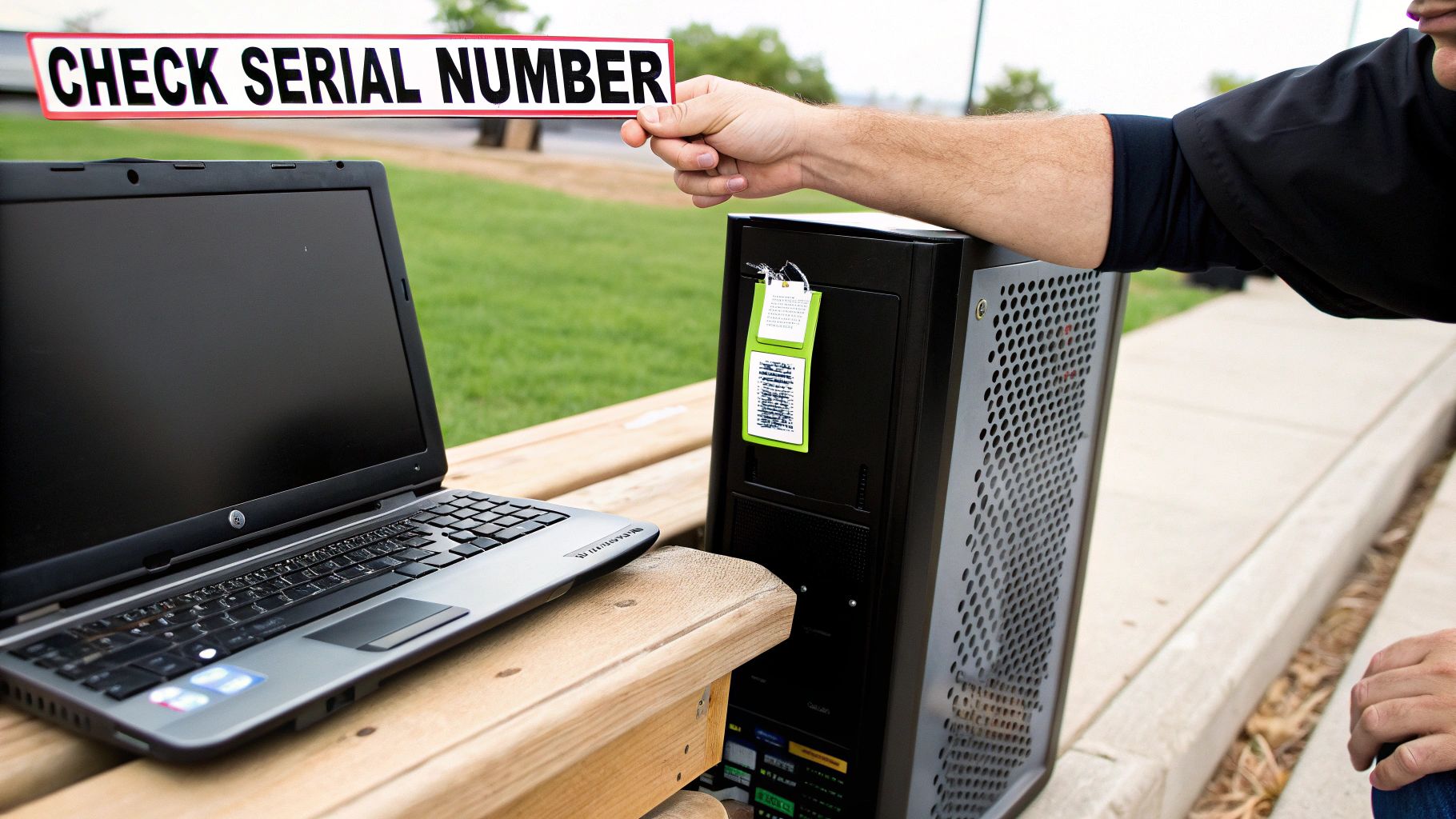 A hand holds a 'CHECK SERIAL NUMBER' sign above a laptop and desktop computer on a wooden bench.