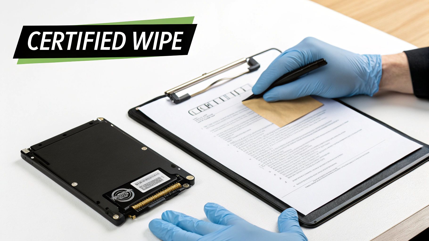 A gloved hand signs a document next to an SSD, indicating a certified data wipe process.