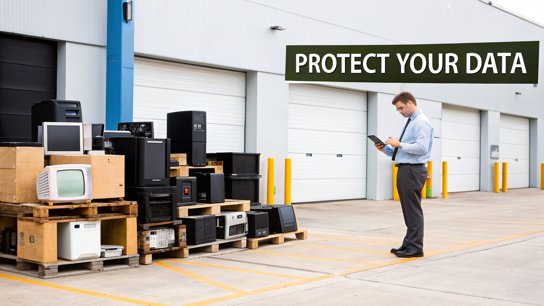 Man with tablet near piles of old computers and electronics on pallets outside a warehouse.