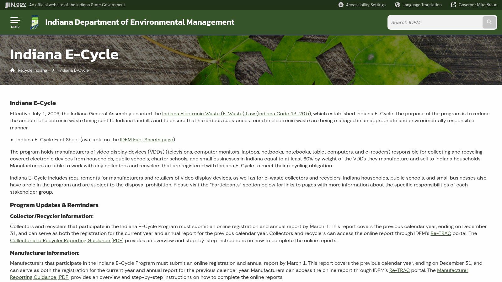Indiana Department of Environmental Management (IDEM) &ndash; Indiana E‑Cycle