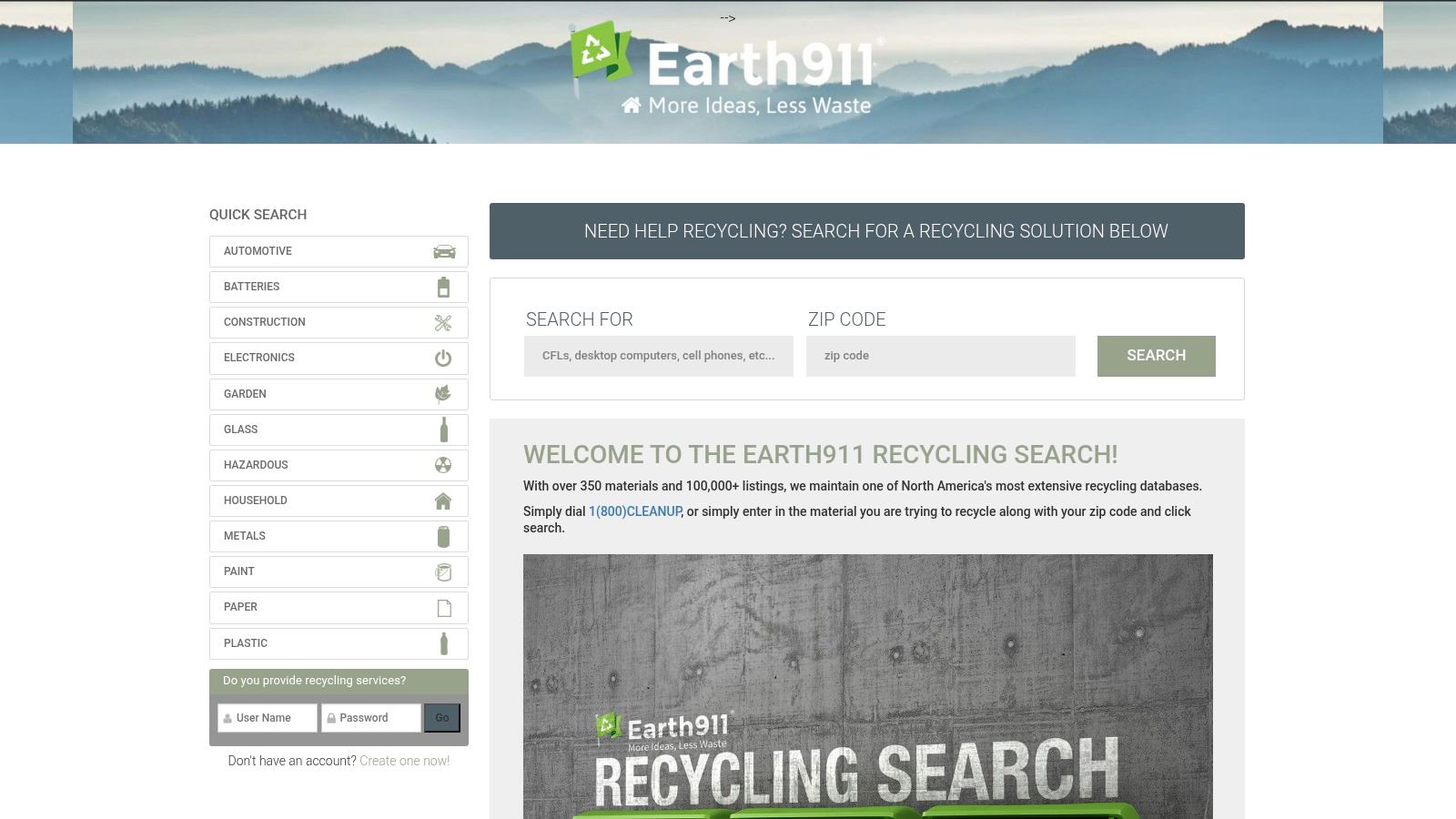 Earth911 Recycling Search homepage featuring a user interface for locating electronics recycling options, including search fields for materials and ZIP codes, with a focus on sustainable e-waste disposal in Louisiana.