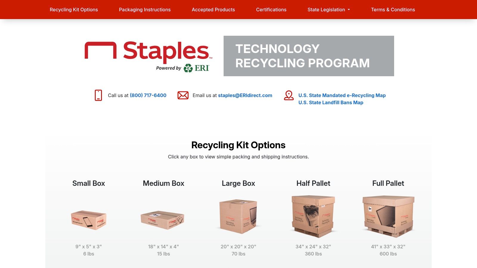 Staples technology recycling program webpage displaying various recycling kit options, including small, medium, large boxes, half pallet, and full pallet, for secure electronics disposal in Louisiana.