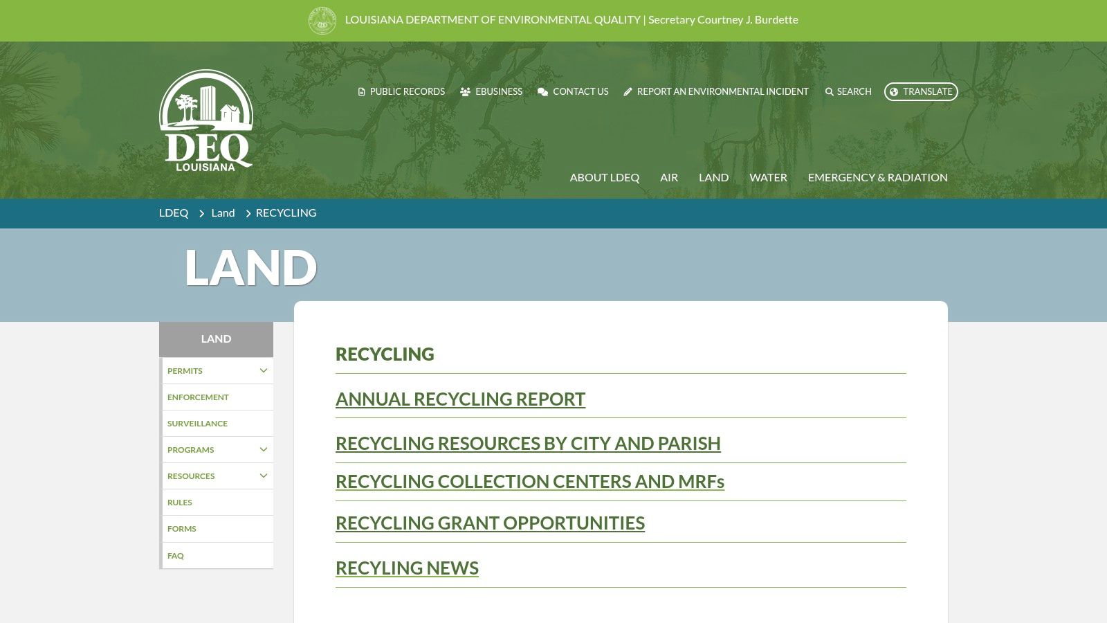 Louisiana Department of Environmental Quality (LDEQ) website recycling resources page showcasing electronic recycling options and local partner links.