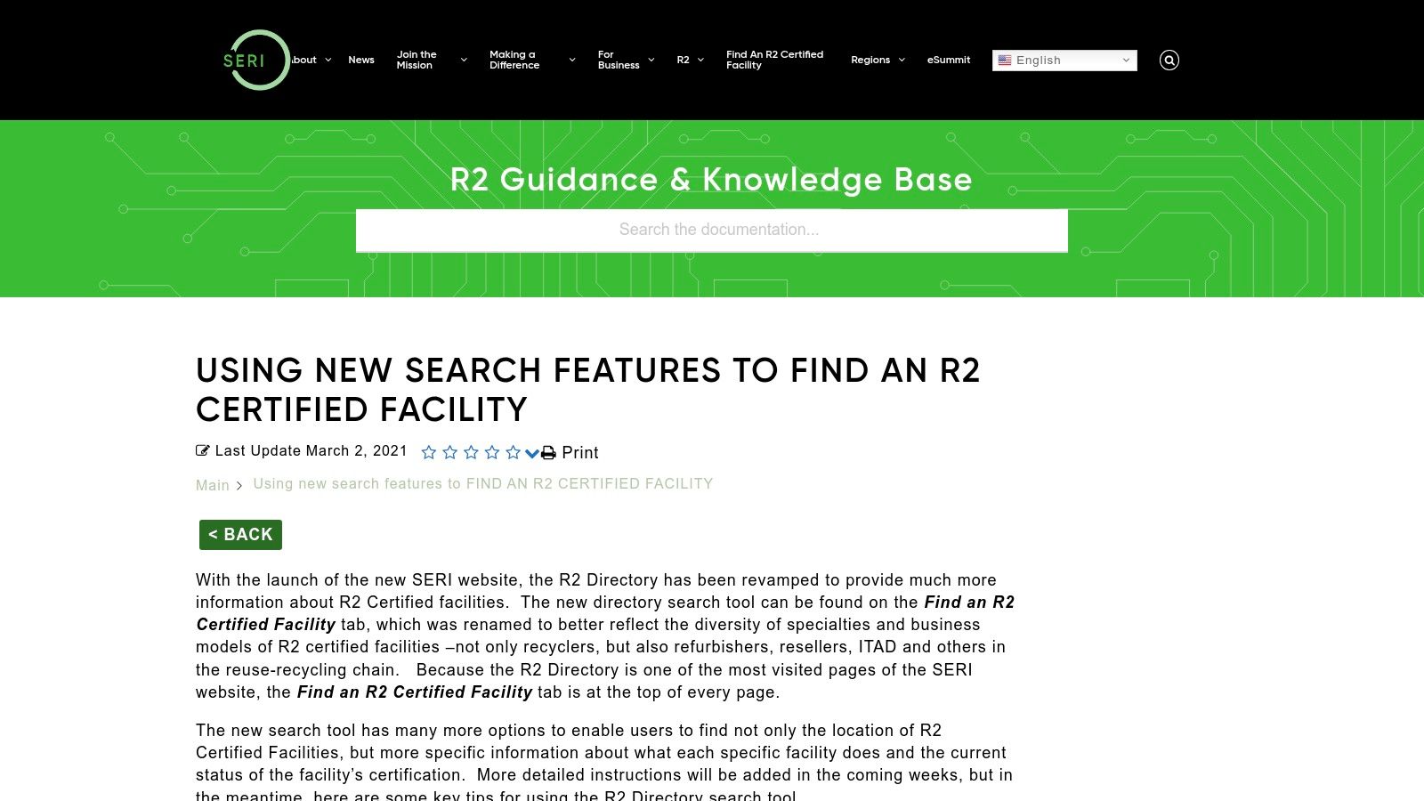 SERI &ndash; R2 Certified Facility Directory (Sustainable Electronics Recycling International)