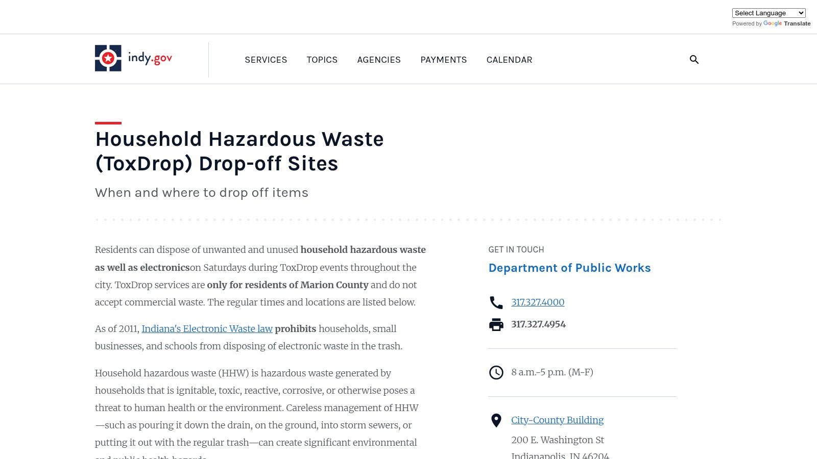 City of Indianapolis &ndash; ToxDrop (Household Hazardous Waste & Electronics)