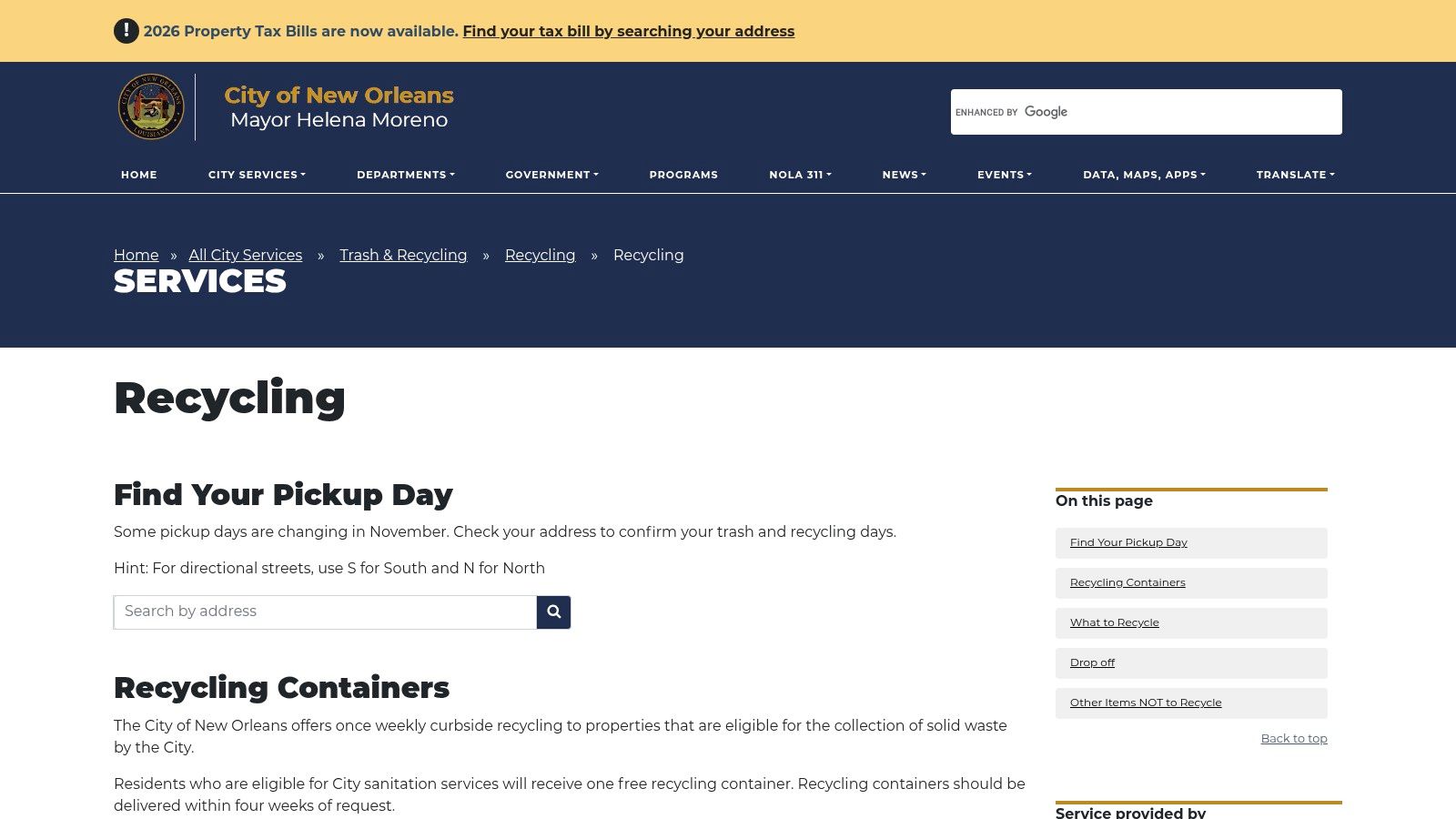 Electronics recycling information graphic for New Orleans, featuring a recycling symbol and text about e-waste disposal services.