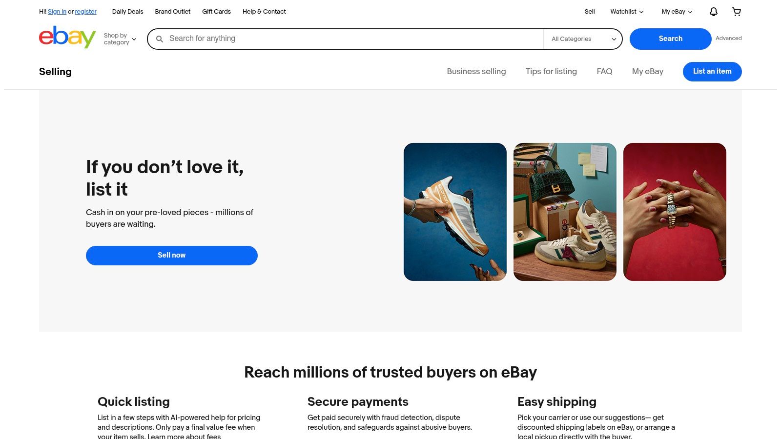 A person listing an electronic device for sale on the eBay platform, with a laptop and camera in the background.