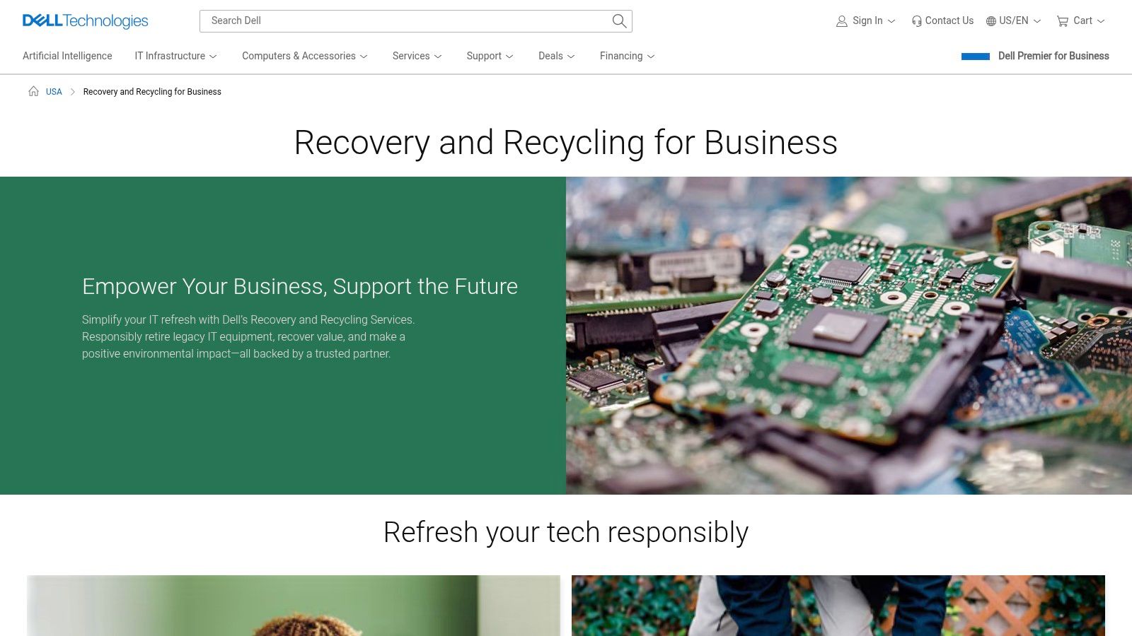 Dell Recovery & Recycling for Business services page showing options for asset recovery.