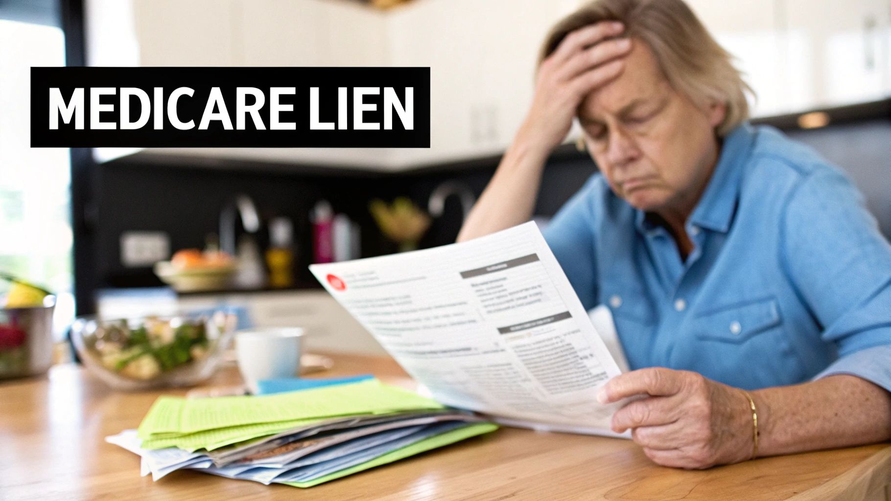 A magnifying glass hovering over a legal document with a medical symbol, symbolizing the review of a Medicare claim on a settlement.