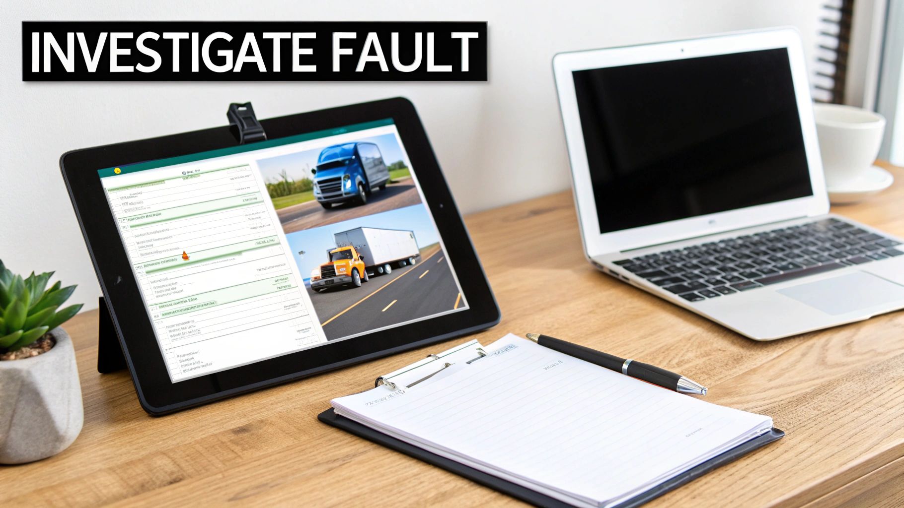 A desk with a tablet displaying truck images and a form, a laptop, and a notepad, with text 'INVESTIGATE FAULT'.