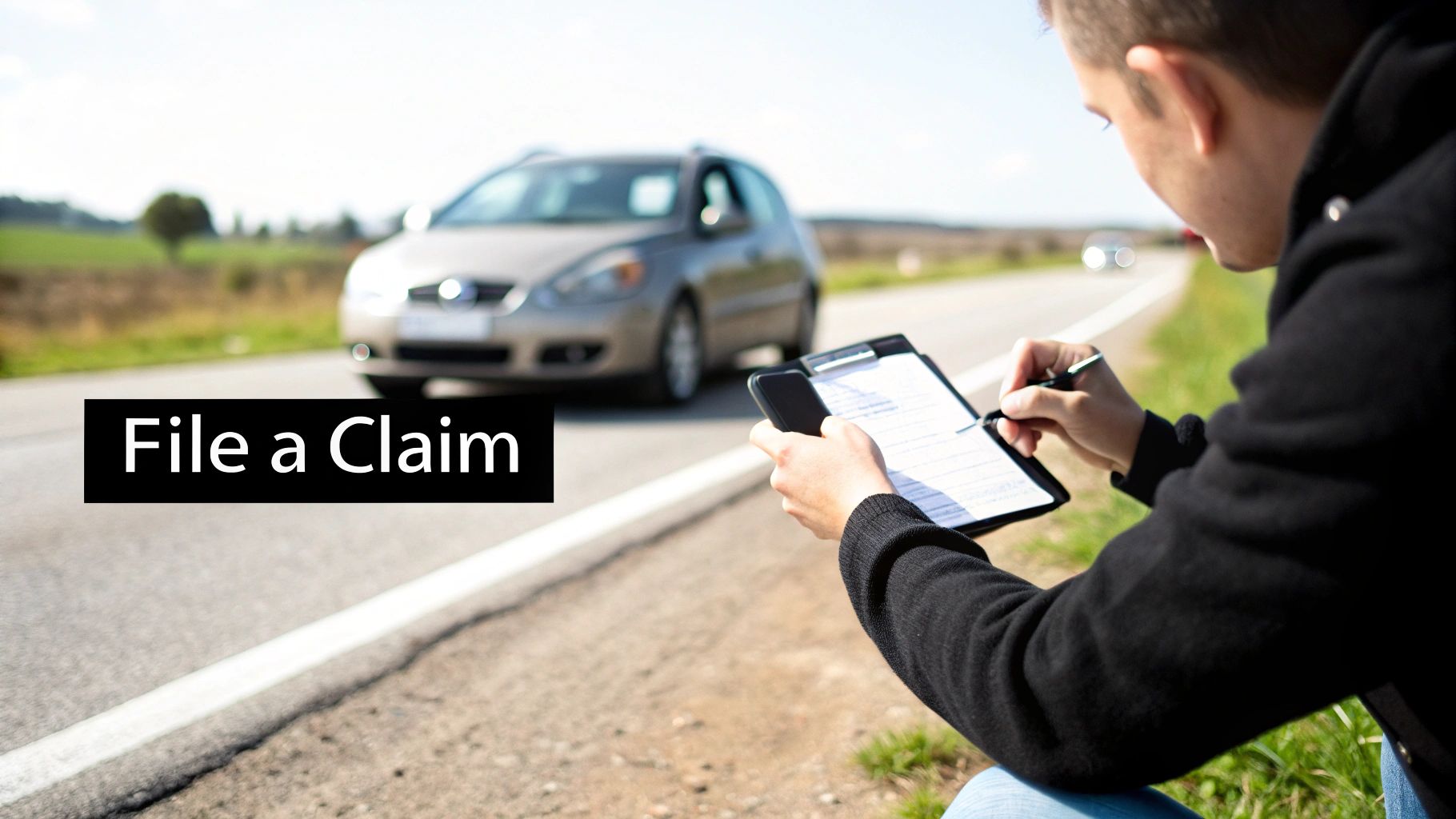 Man filing an insurance claim on a clipboard by the road after a car incident.