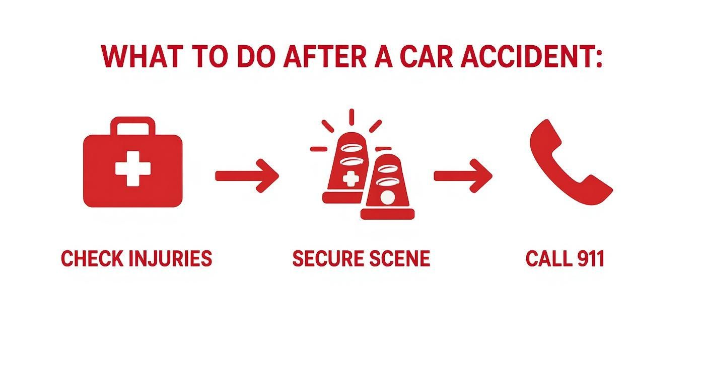 A flowchart showing three essential steps to take after a car accident: check injuries, secure the scene, and call 911.